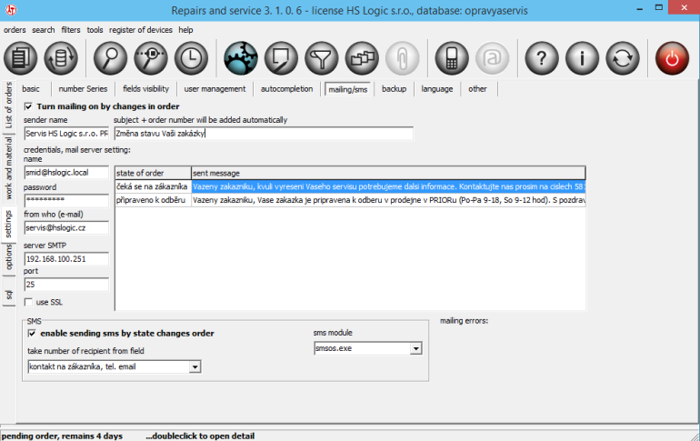 main program window mailing settings