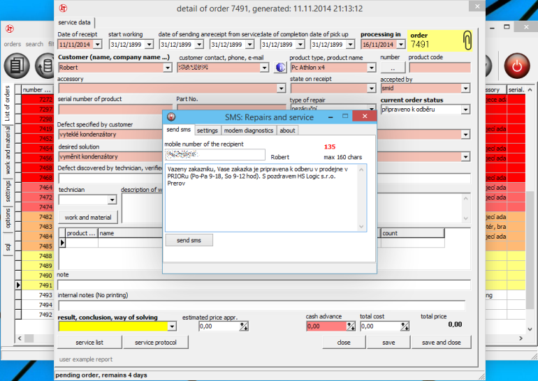 automatic sending preset sms by changing order state